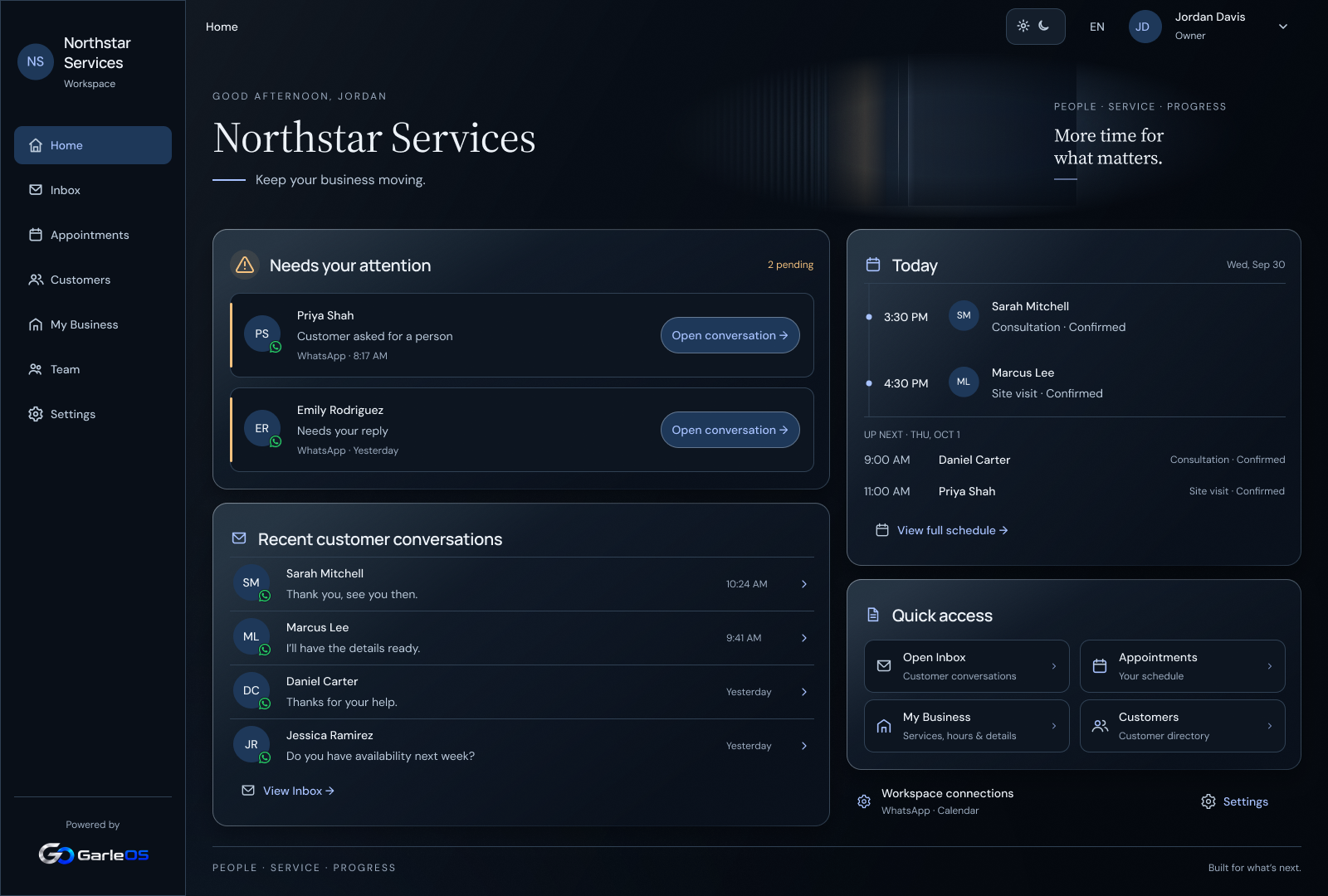 Vista de diseño de Home de GarleOS para Northstar Services, en inglés